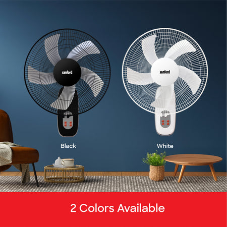 Sanford Wall Fan 18 Inch with Remote – 2 colors available, black and white wall fan on dark blue background