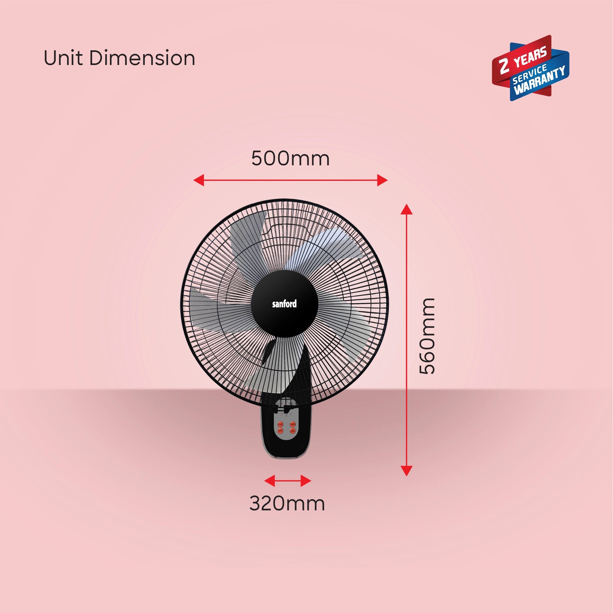 Sanford Wall Fan 18 Inch with Remote – unit dimensions shown on pink background