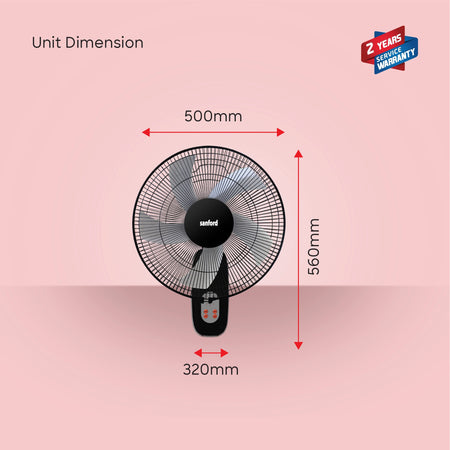 Sanford Wall Fan 18 Inch with Remote – unit dimensions shown on pink background