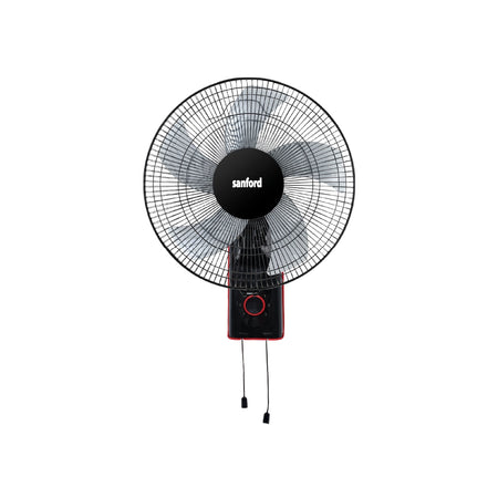 Sanford Wall Fan 18 Inch – front view of black wall-mounted fan with red control knob and pull cord on white background