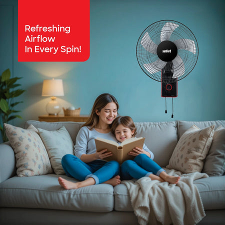 Sanford Wall Fan 18 Inch – lifestyle shot of wall fan mounted on wall showing 90° wide angle oscillation