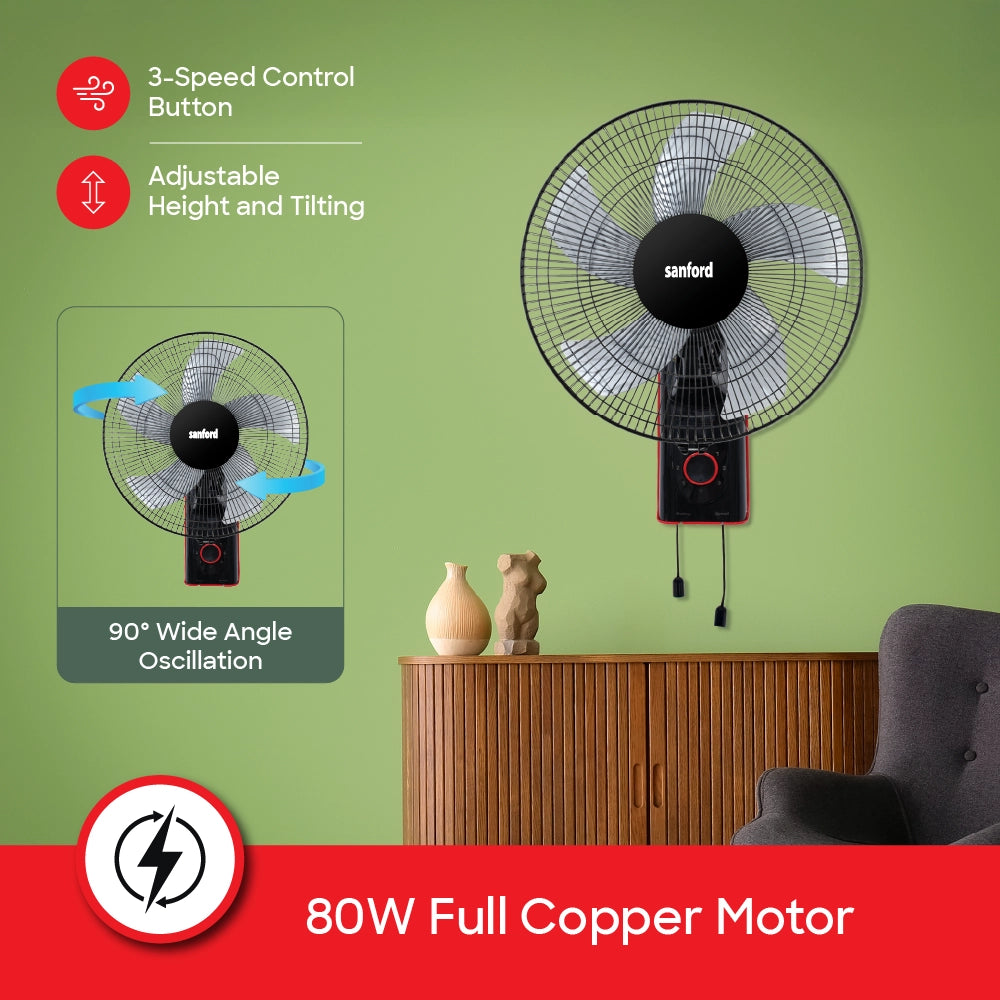 Sanford Wall Fan 18 Inch – positive-locking safety grill and pull cord for speed and swing callouts