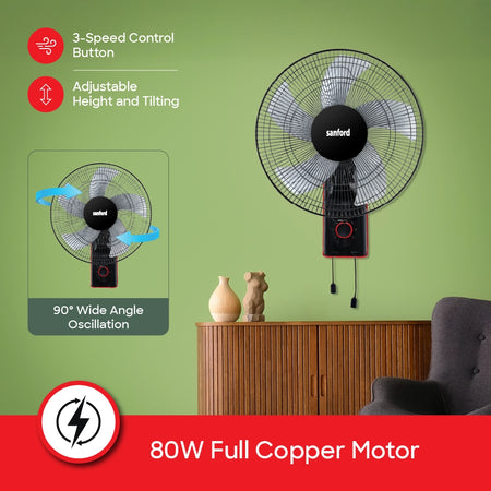 Sanford Wall Fan 18 Inch – positive-locking safety grill and pull cord for speed and swing callouts