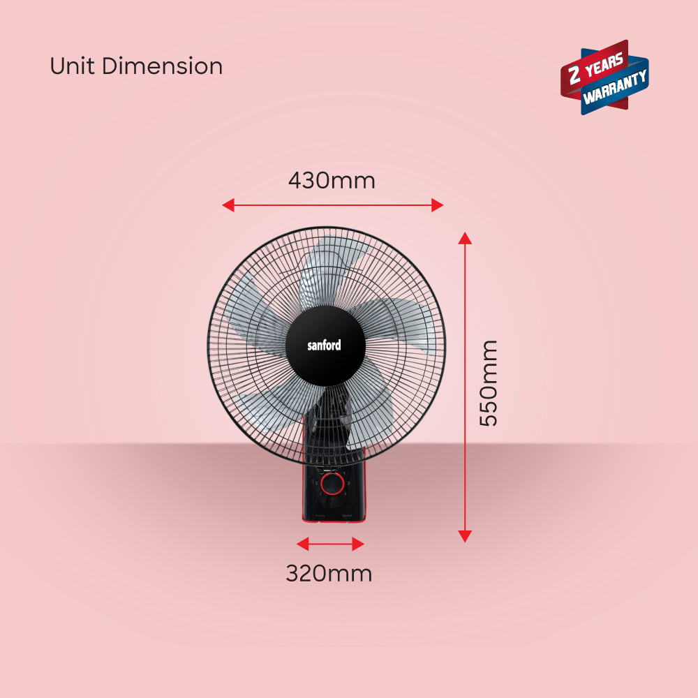 Sanford 18” Wall Fan | 60W Full Copper Motor | 1250 RPM | 5 AS Blades | 3-Speed + Oscillation | Tilt Head | ABS Body - buysanford