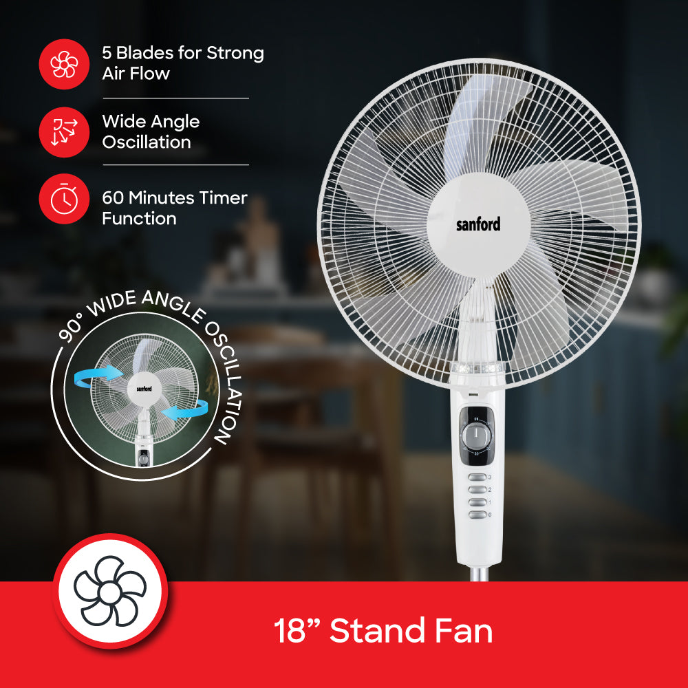 Sanford 16-Inch Stand Fan | 60W Heavy-Duty Motor | 3-Speed | 60-Min Timer | Adjustable Height & Oscillation - buysanford