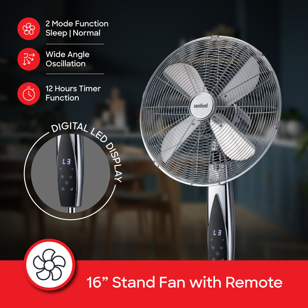 Sanford 16-Inch Stand Fan | 55W Copper Motor | 3-Speed | LED Touch Display | 12-Hour Timer | Aluminum Blades - buysanford