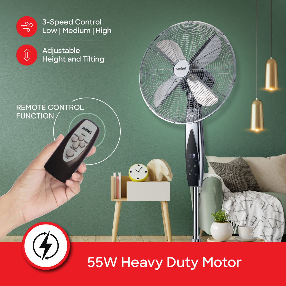 Sanford 16-Inch Stand Fan | 55W Copper Motor | 3-Speed | LED Touch Display | 12-Hour Timer | Aluminum Blades - buysanford