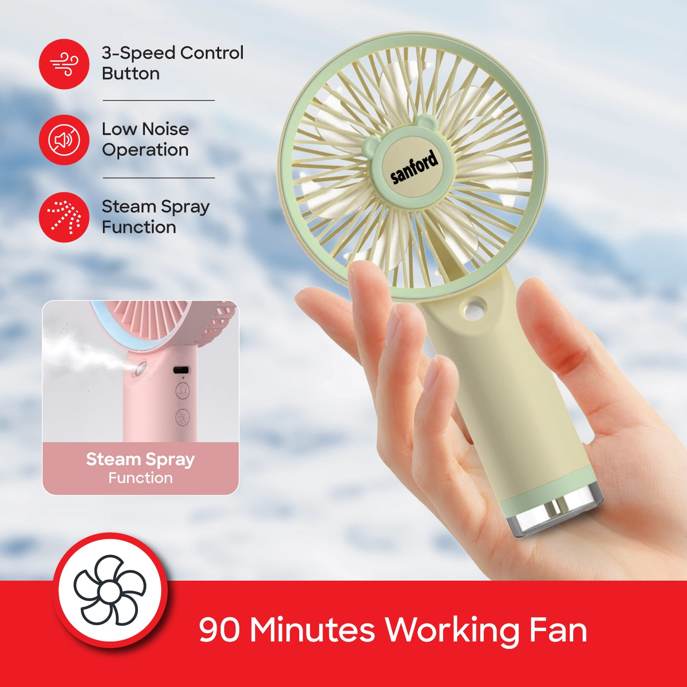 rechargeable hand fan portable usb charging 3 speed sanford 3