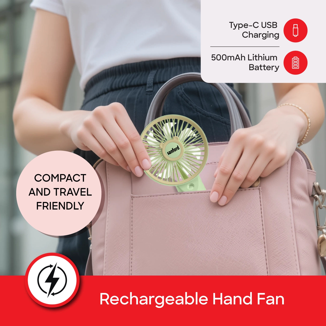 rechargeable hand fan portable usb charging 3 speed sanford 4