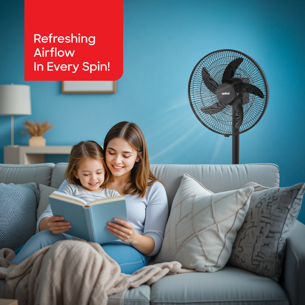 Sanford 16-Inch Rechargeable Stand Fan | 5-Speed | LED Light | 45H Runtime | 3600mAh | AC/DC | USB Fast Charge - buysanford