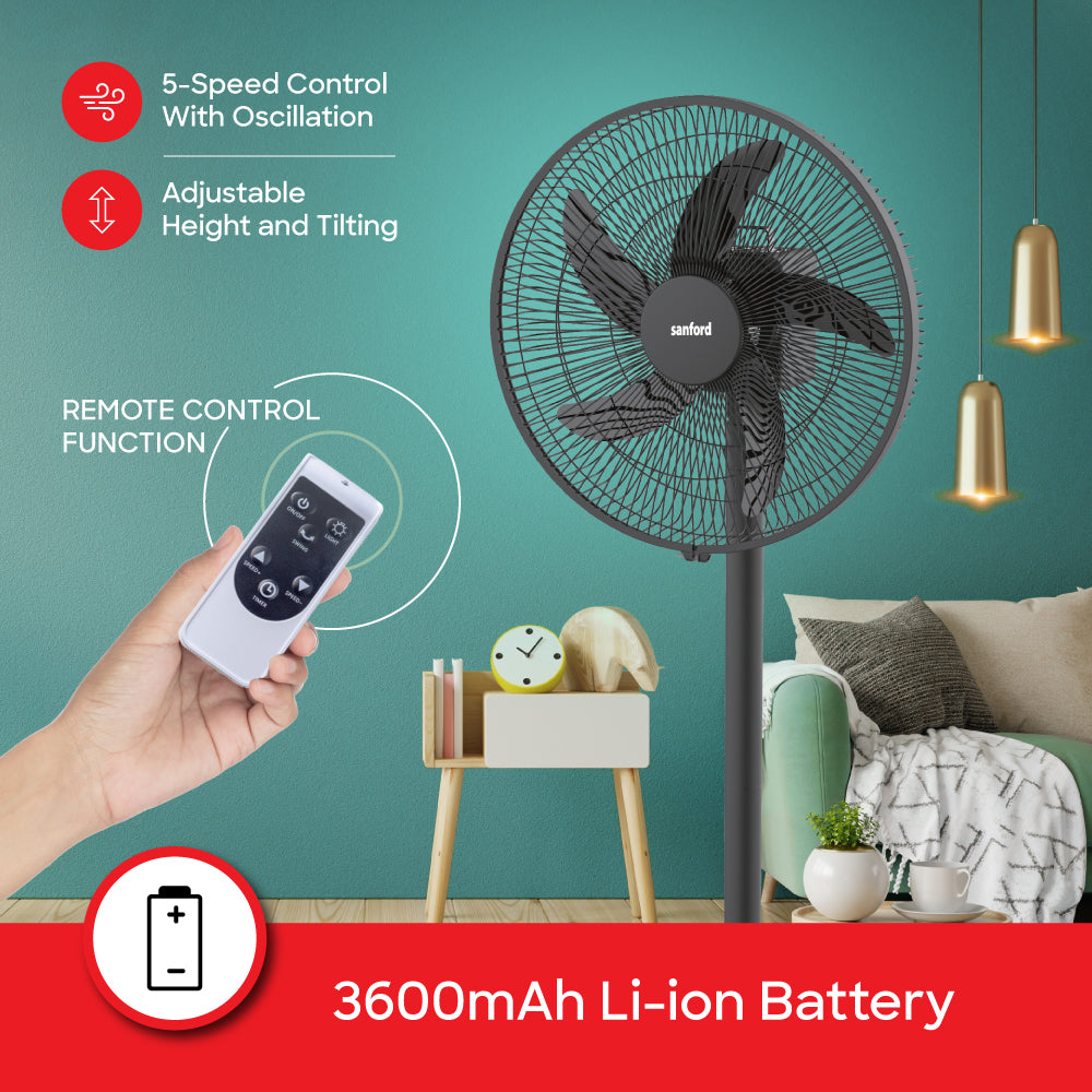 Sanford 16-Inch Rechargeable Stand Fan | 5-Speed | LED Light | 45H Runtime | 3600mAh | AC/DC | USB Fast Charge - buysanford