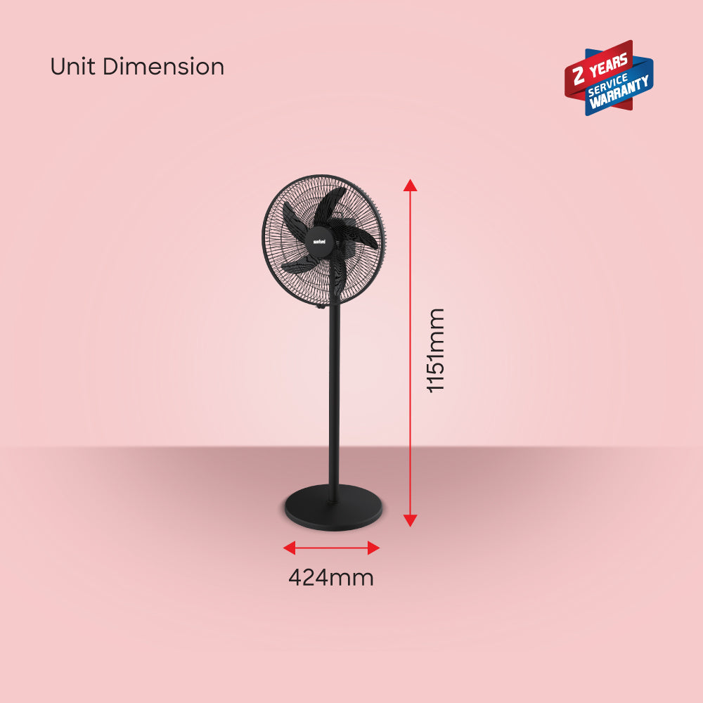 Sanford 16-Inch Rechargeable Stand Fan | 5-Speed | LED Light | 45H Runtime | 3600mAh | AC/DC | USB Fast Charge - buysanford