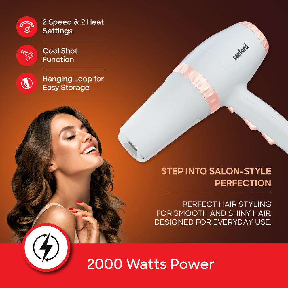 Sanford 2000W Hair Dryer | Dual Modes | 3 Heat & 2 Speed Settings | Cool Shot | Removable Filter - buysanford