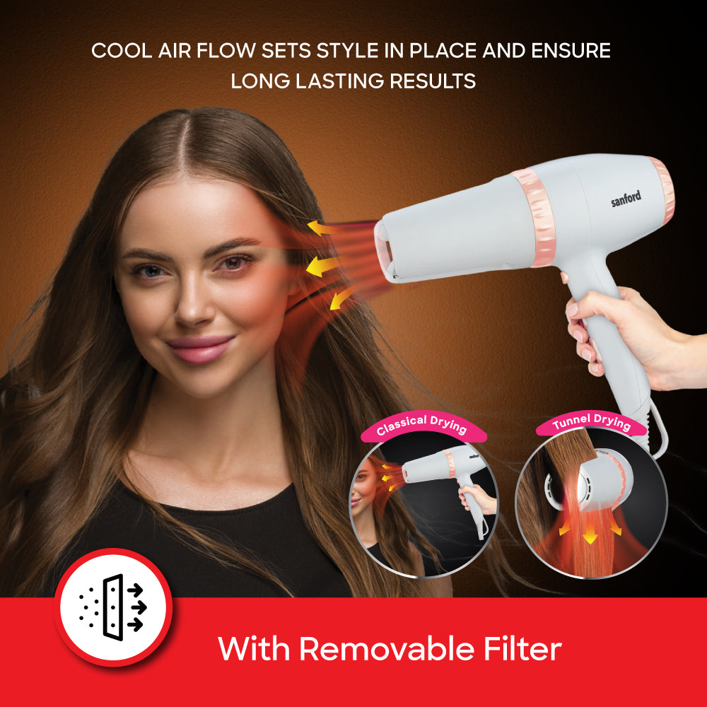 Sanford 2000W Hair Dryer | Dual Modes | 3 Heat & 2 Speed Settings | Cool Shot | Removable Filter - buysanford