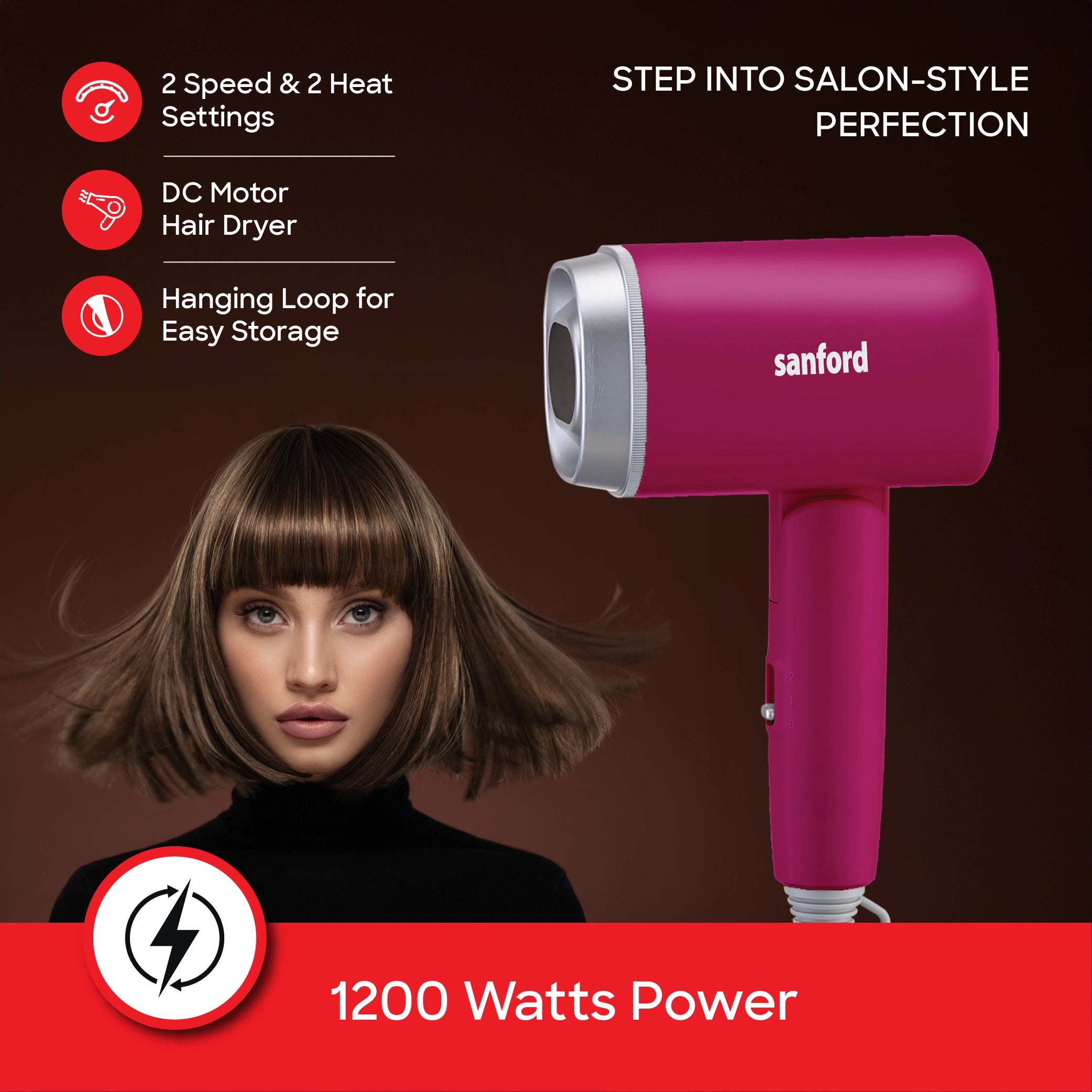 hair dryer 1200W foldable handle 2 heat settings sanford 3