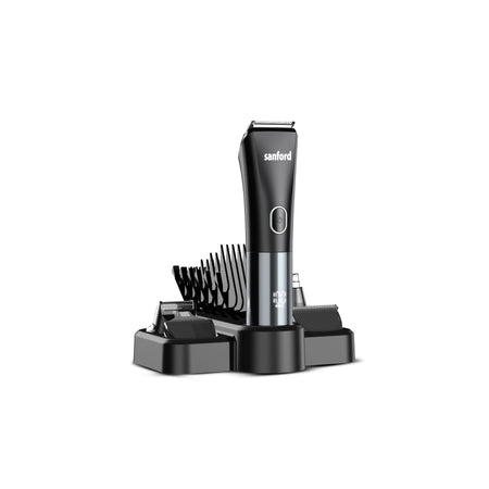 Sanford Rechargeable Hair Clipper 11-In-1 Grooming Kit – front view of black hair clipper with 6 clipper guides and attachments on charging storage base