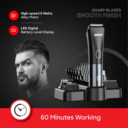 Sanford Rechargeable Hair Clipper 11-In-1 Grooming Kit – hair clipper with 60 minutes continuous working time callout on black background