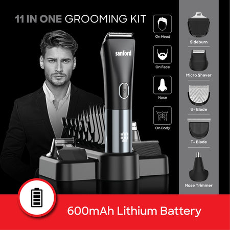 Sanford Rechargeable Hair Clipper 11-In-1 Grooming Kit – 11-in-1 grooming kit with attachments and 600mAh lithium battery callout