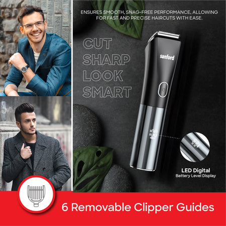Sanford Rechargeable Hair Clipper 11-In-1 Grooming Kit – 6 removable clipper guides callout with men styled using the clipper