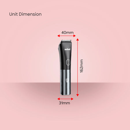 Sanford Rechargeable Hair Clipper 11-In-1 Grooming Kit – unit dimensions on pink background
