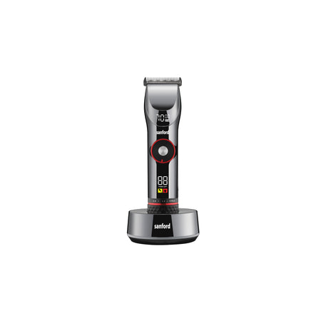 Sanford Professional Hair Clipper Titanium Blade – front view of grey hair clipper on wireless charging base on white background