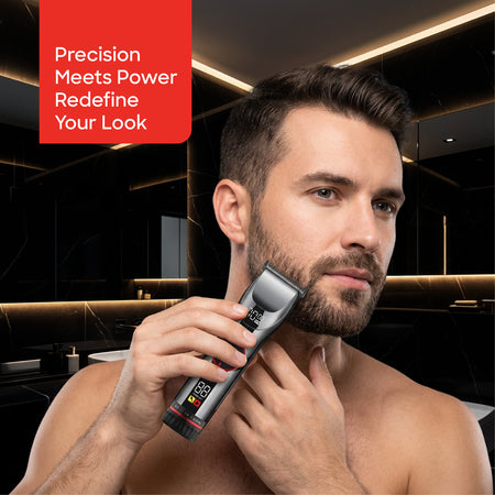 Sanford Professional Hair Clipper Titanium Blade – lifestyle shot of bearded man trimming his beard with the hair clipper