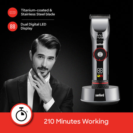 Sanford Professional Hair Clipper Titanium Blade – man in suit with clipper and working time callout on black background