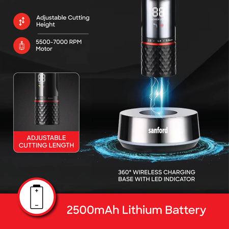 Sanford Professional Hair Clipper Titanium Blade – wireless charging base with 2000mAh lithium battery callout