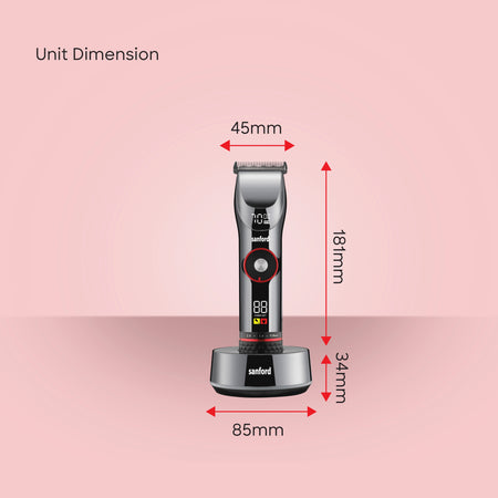 Sanford Professional Hair Clipper Titanium Blade – unit dimensions on pink background