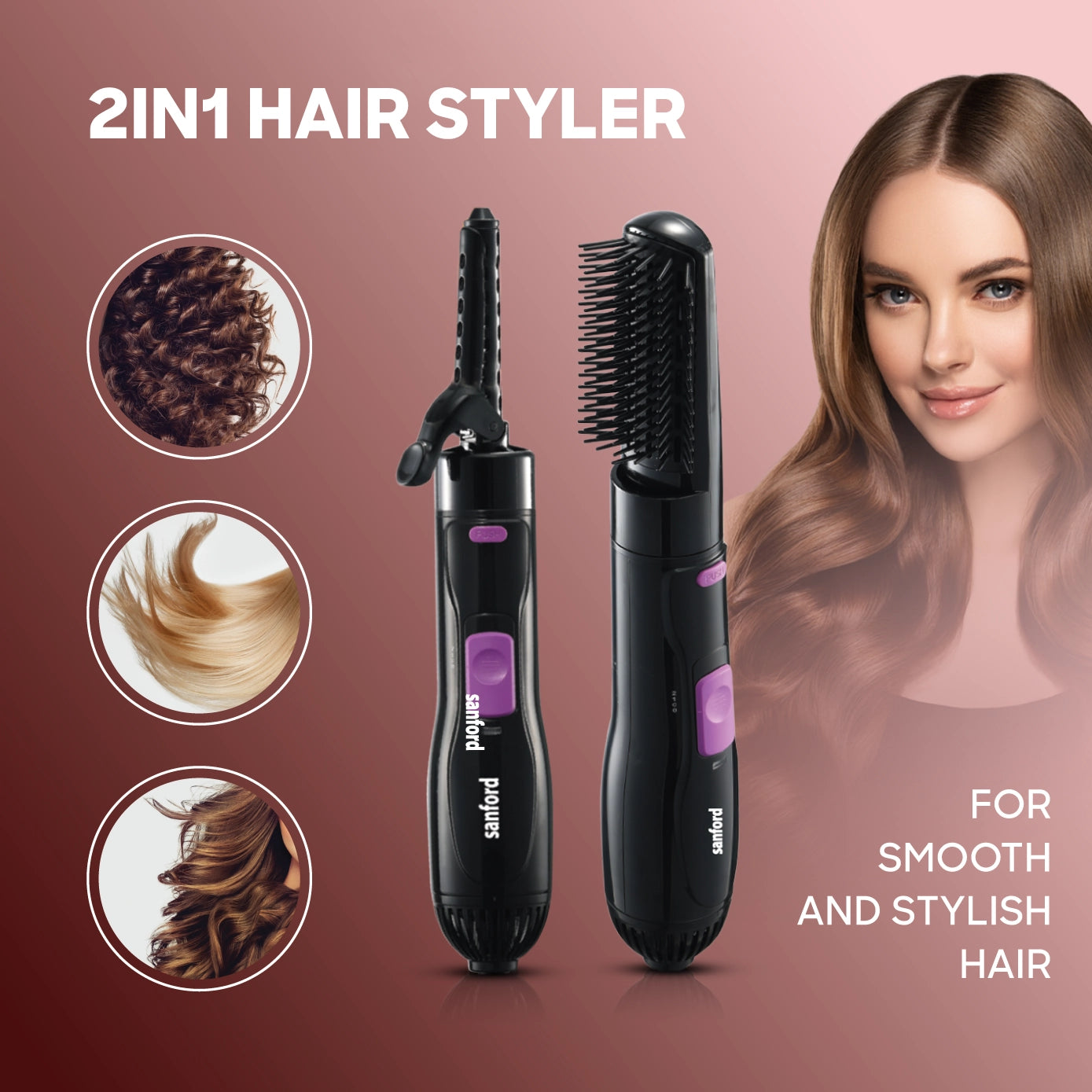 hair styler 2 in 1 curling brush 800W power sanford 5