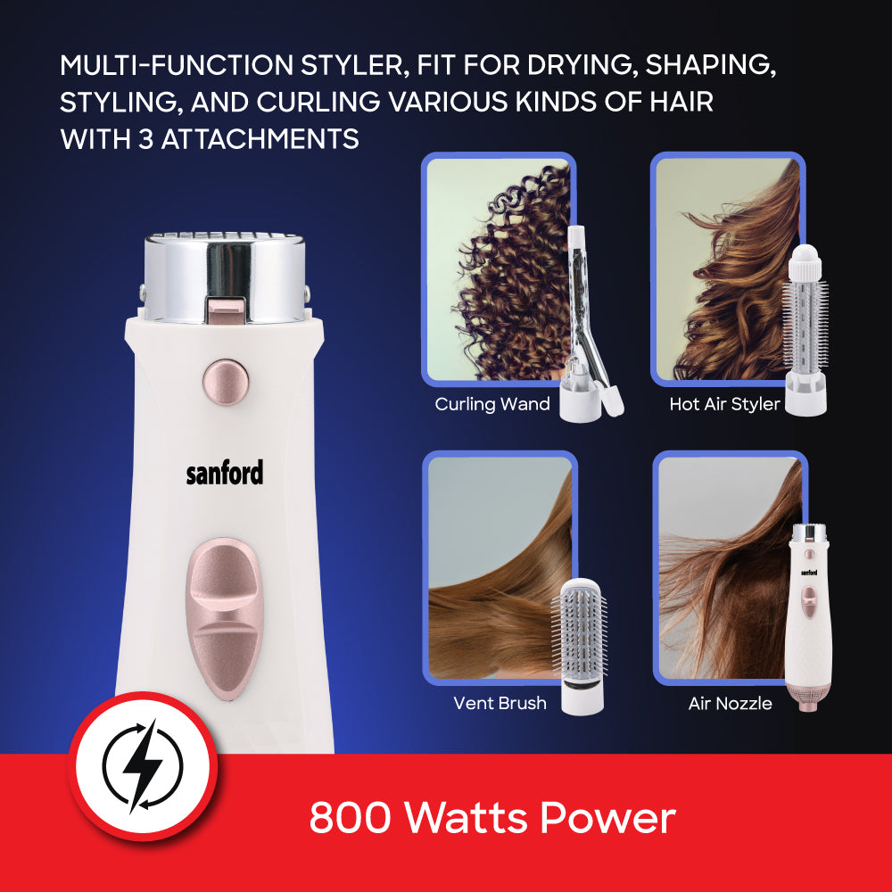 Sanford 3-in-1 Hair Styling Tool | Vent Brush, Curling Wand & Hot Air Styler | 800W Multi-Attachment Hair Styler for All Hair Types - buysanford