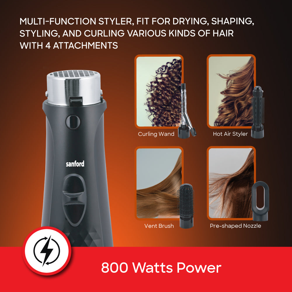 Sanford 4-in-1 Hair Styling Tool | 800W Multi-Attachment Styler with Curling Wand, Hot Air Brush, Vent Brush & Nozzle | Adjustable Heat & Swivel Cord - buysanford