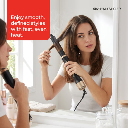 Sanford hair styler showing 5 interchangeable attachments for curling, straightening and volumizing
