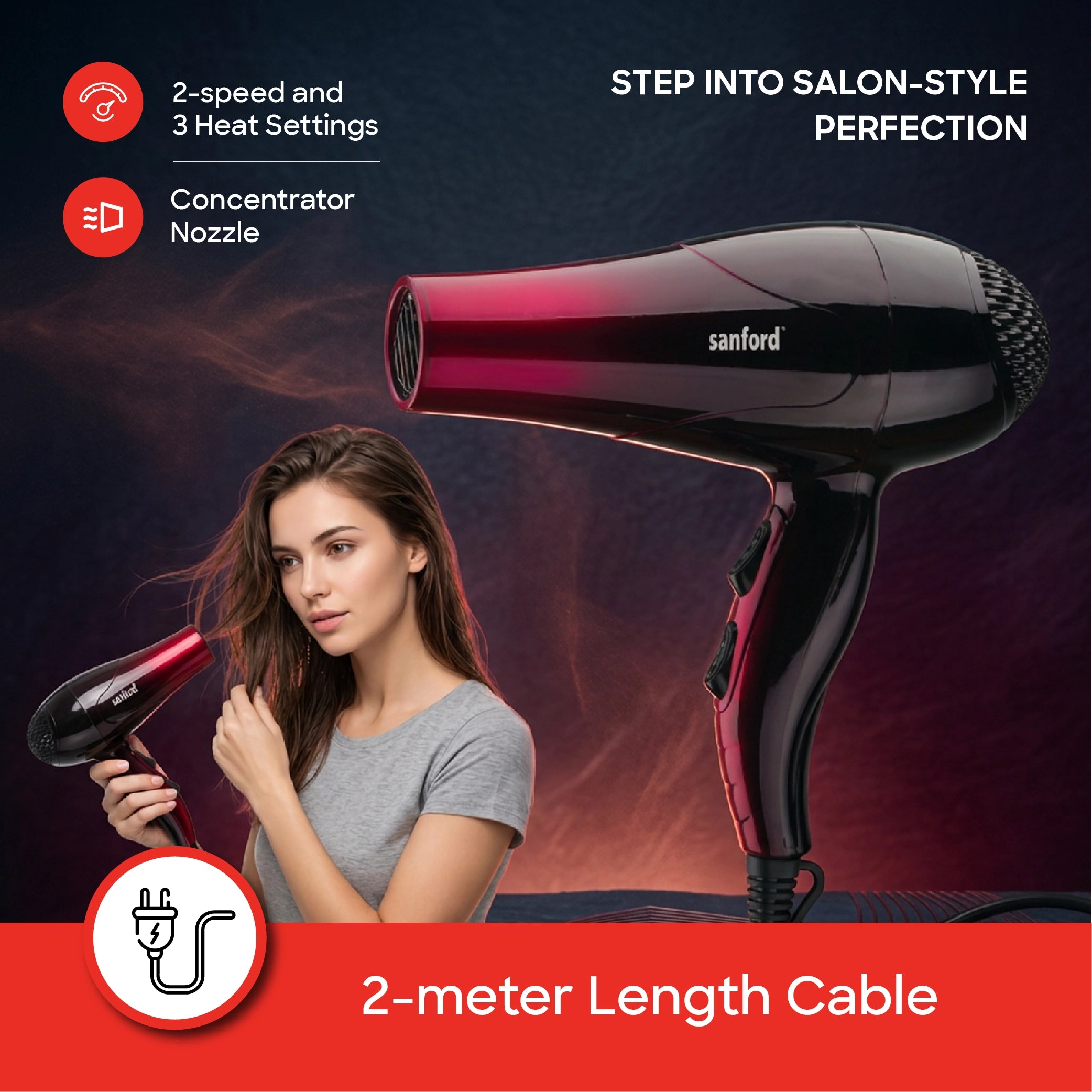 hair dryer 1200W 3 heat settings concentrator nozzle sanford 3