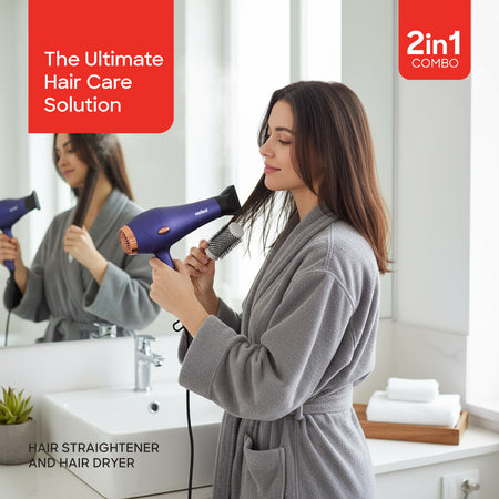 Sanford 2-in-1 styling set showing straightener and dryer accessories