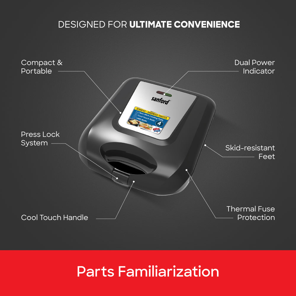 Sanford 4-Slice Sandwich Maker | 1400W | Non-Stick Plates | Thermostatic Control | Cool-Touch Housing - buysanford