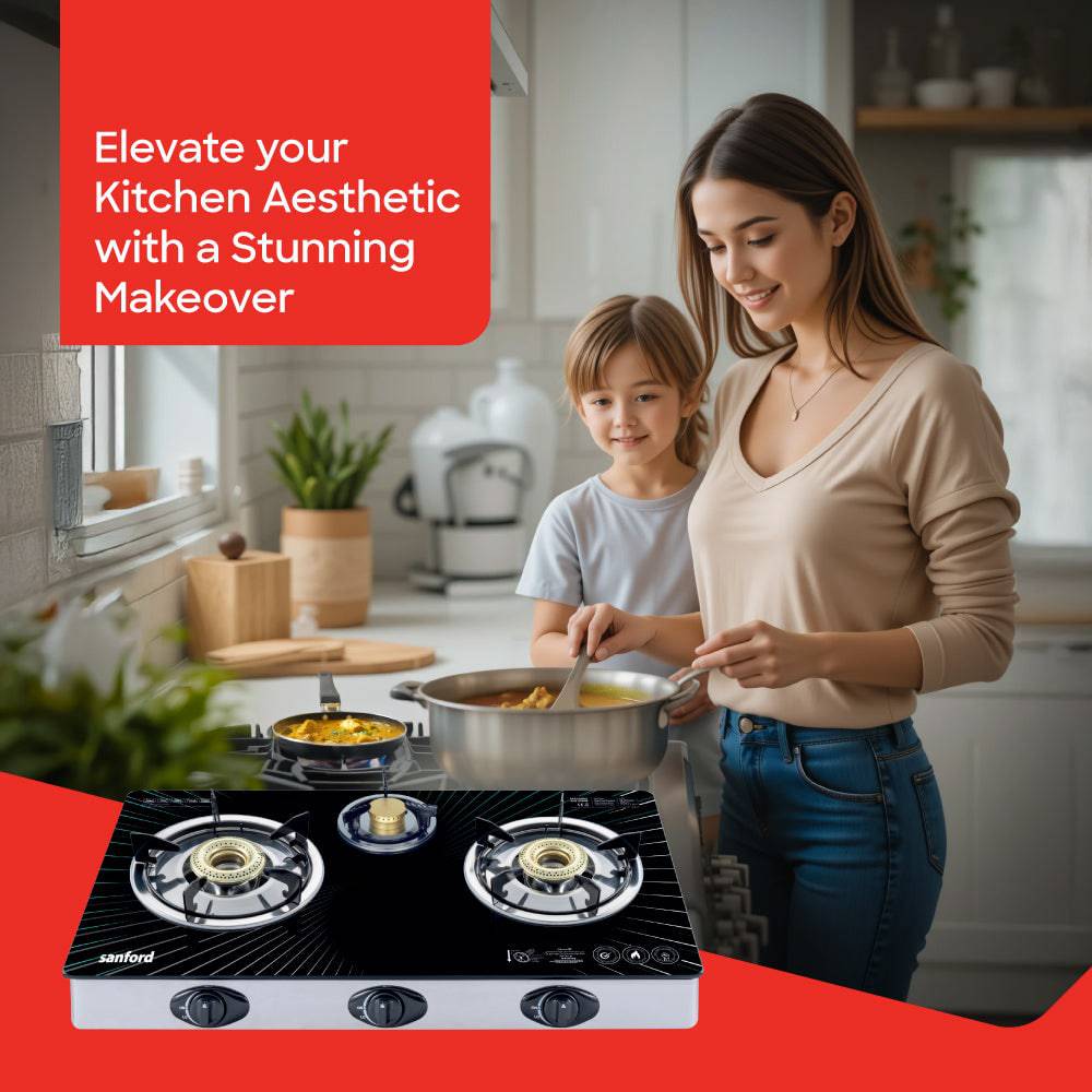 Sanford 3-burner gas hob showing toughened glass top and burner configuration