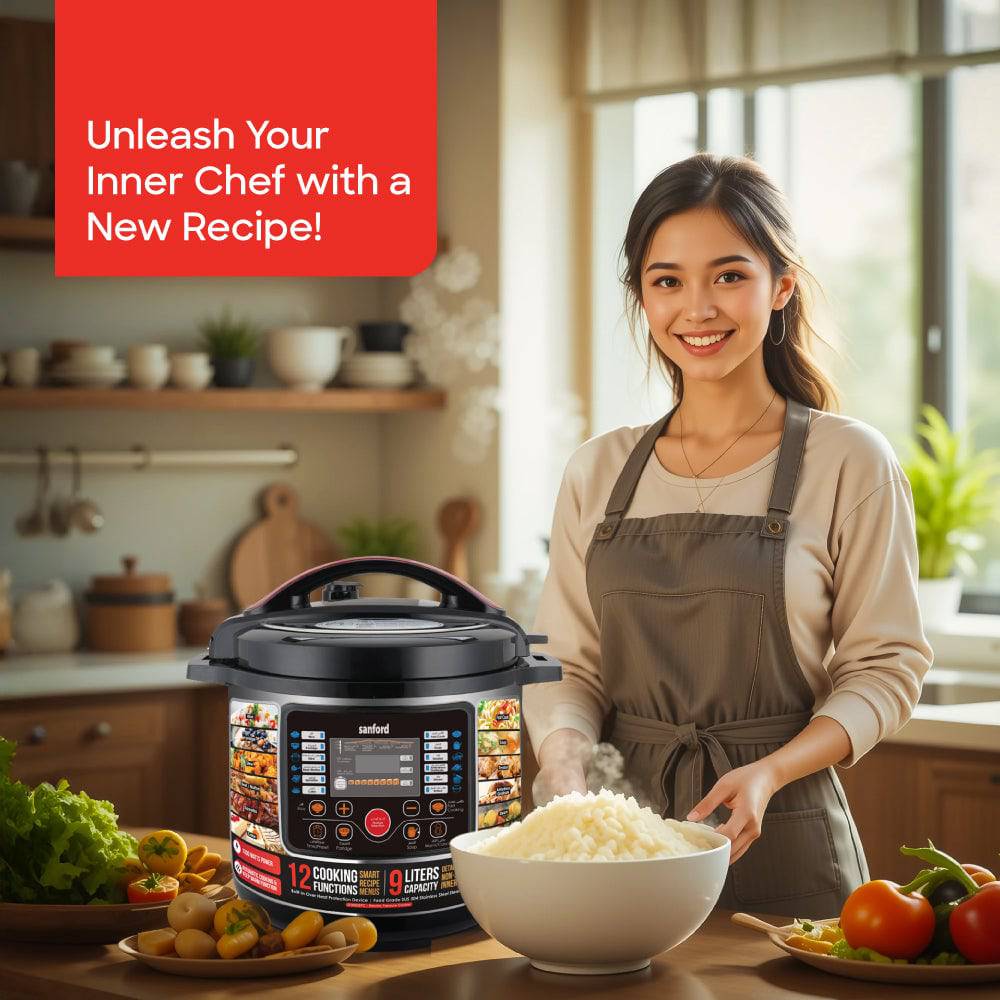 Sanford 9-liter pressure cooker showing medium capacity for families