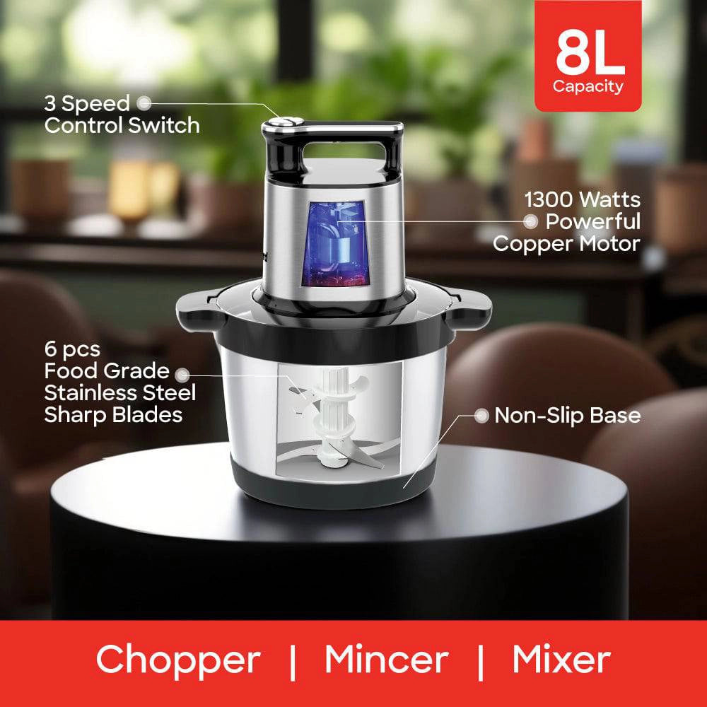 1300W heavy duty food chopper 8L stainless steel bowl 8 blades sanford 3