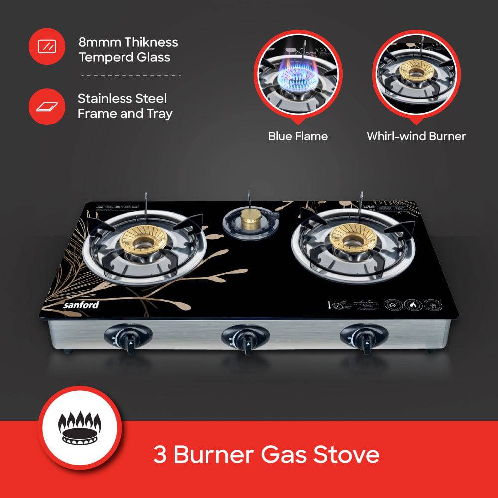 Sanford Triple Burner Glass Gas Stove | SF5326GC - B - SANFORD MIDDLE EAST DWC L.L.C