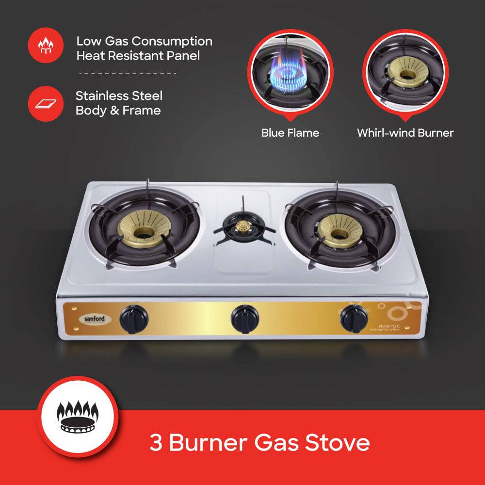 Sanford Triple Burner Stainless Steel Gas Stove | SF5357GC - B - SANFORD MIDDLE EAST DWC L.L.C