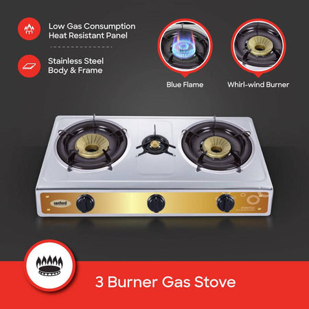 Sanford Triple Burner Stainless Steel Gas Stove | SF5357GC - B - SANFORD MIDDLE EAST DWC L.L.C