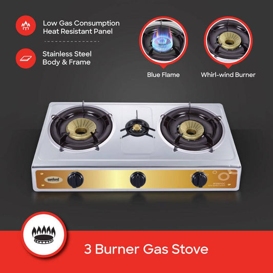 Sanford Triple Burner Stainless Steel Gas Stove | SF5357GC - B - SANFORD MIDDLE EAST DWC L.L.C