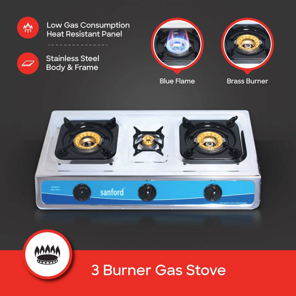 Sanford Triple Burner Stainless Steel Gas Stove | SSF5310GC - SANFORD MIDDLE EAST DWC L.L.C
