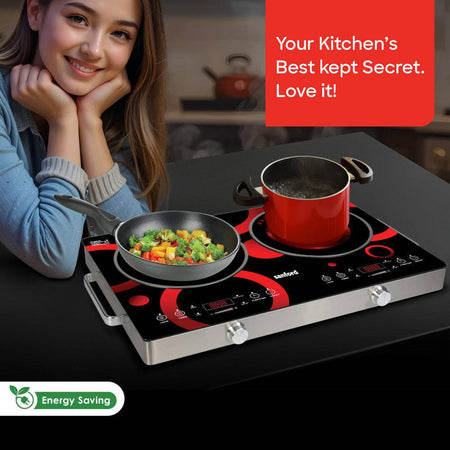 Sanford 2-burner infrared cooktop showing ceramic glass surface and heating zones