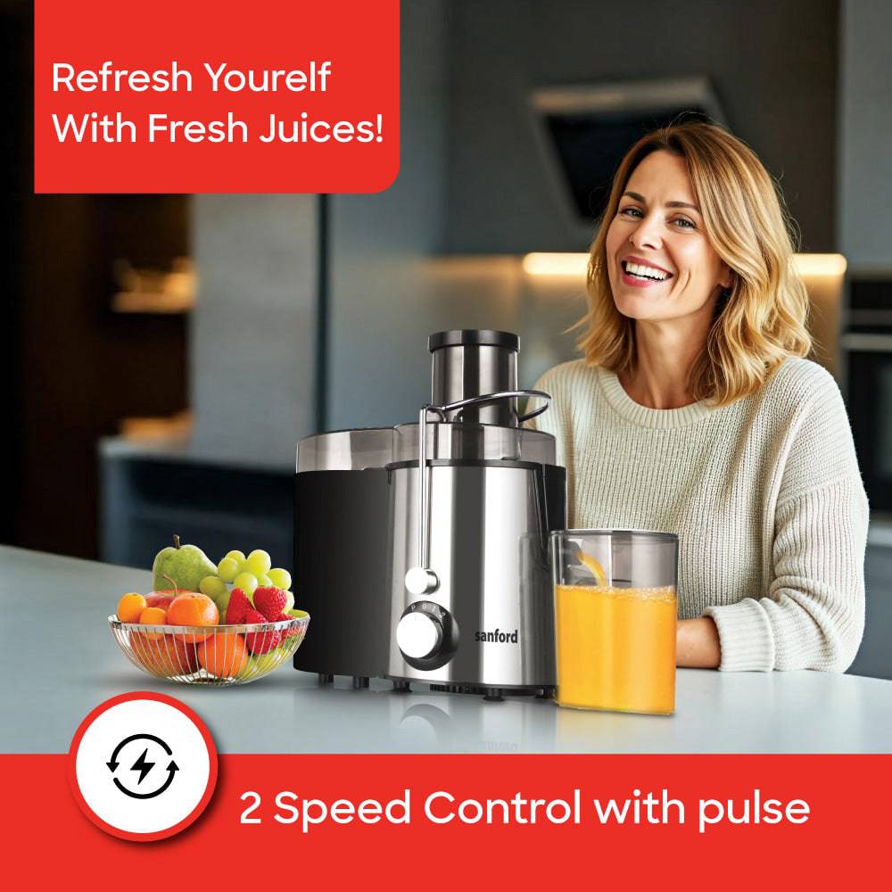 Sanford juice extractor showing powerful motor and wide feed chute