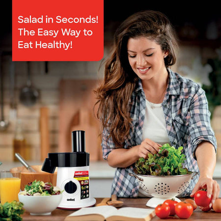 Sanford 5-in-1 slicer showing multiple blade attachments for slicing and shredding