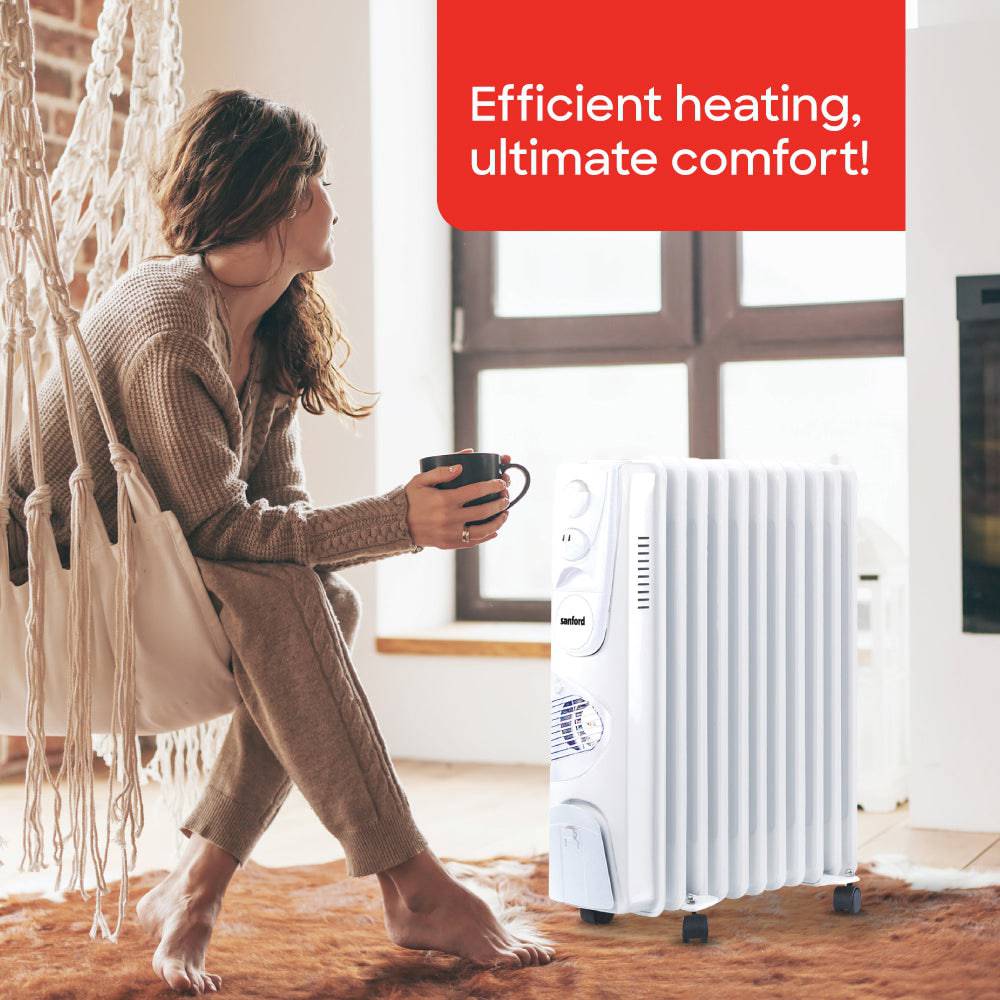 Sanford 2700-watt oil heater showing 13 fins for maximum heat output