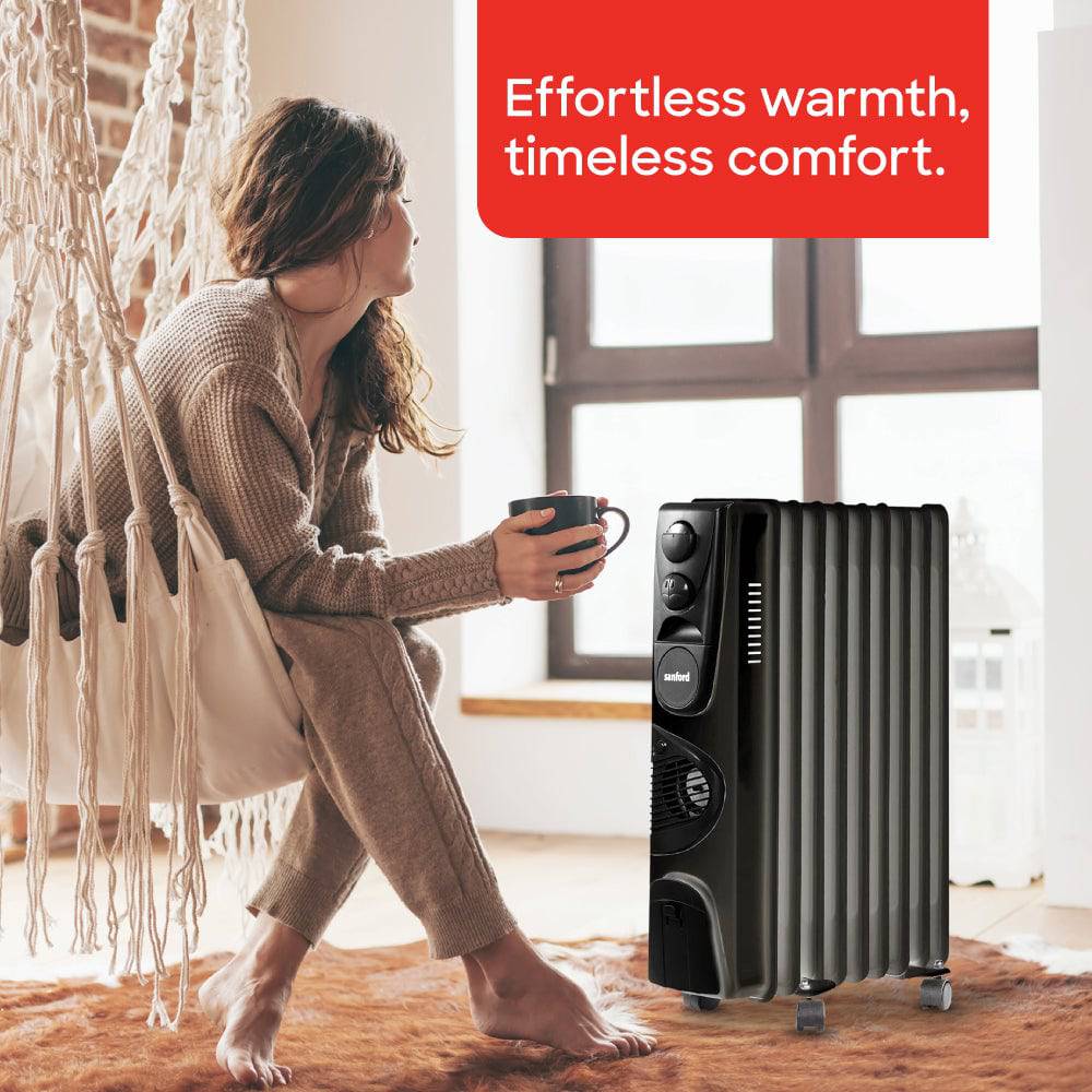 Sanford oil-filled radiator heater showing 9 fins for heat distribution