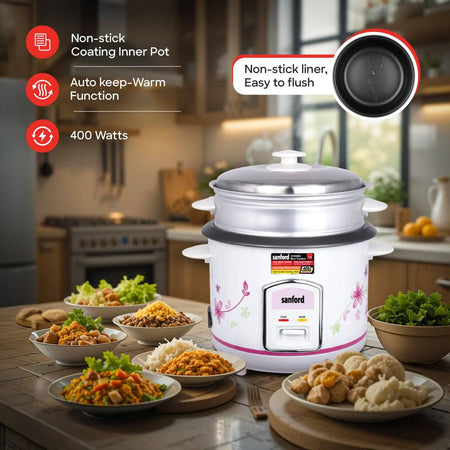 Sanford 1-liter rice cooker showing compact design with steaming capability